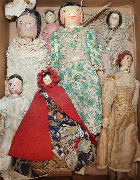 A group of Victorian peg dolls, etc.